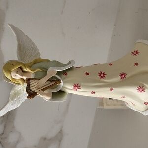 Russ Berrie Angel Figurine with Harp and Floral Dress. Vintage